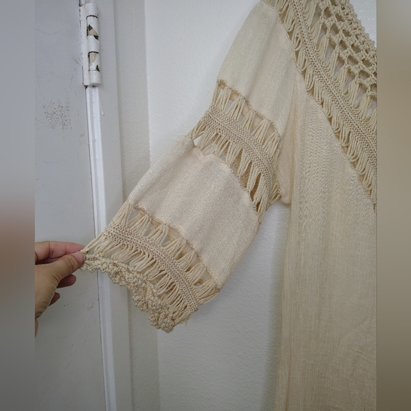Elegant Cream Crochet Cover Up Midi Dress Sz S-M Cotton Blend - Picture 4 of 11